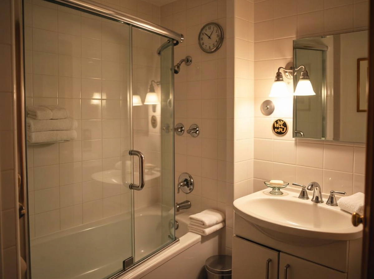 The same bathroom after cleaning with clear glass, white grout and folded towels