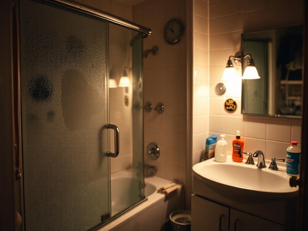 Bathroom before cleaning with soap scum on the shower glass and a cluttered vanity