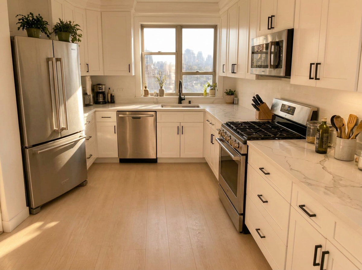 The same bright modern kitchen after a deep clean with spotless marble counters, an empty sink, and a tidy floor