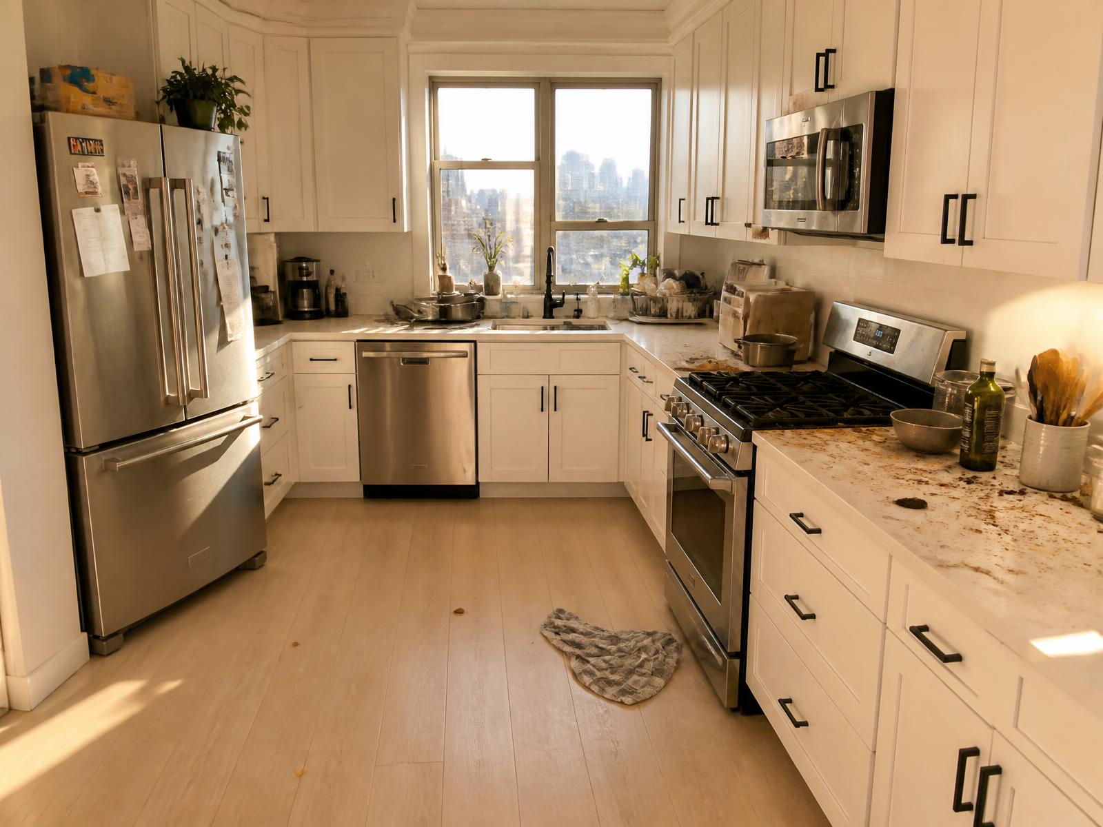 Modern white kitchen before cleaning with stained countertops, a sink full of dishes, and a dirty towel on the light wood floor